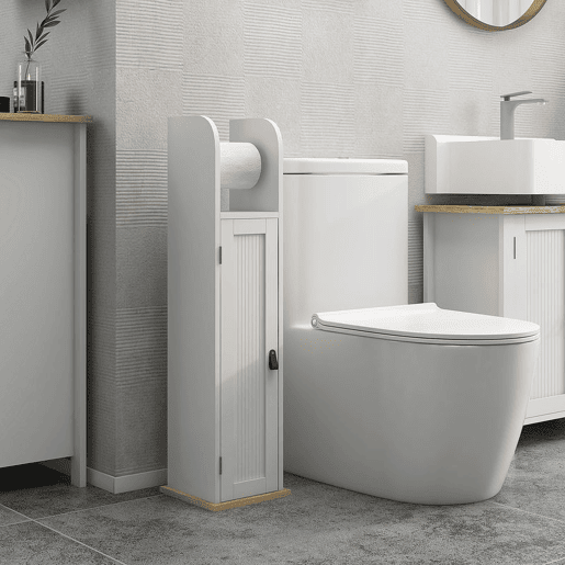 kleankin Armário Casa de Banho Armário Auxiliar Casa de Banho com Prateleiras Ajustáveis e Suporte para Papel Higiénico 20x20x80 cm Branco