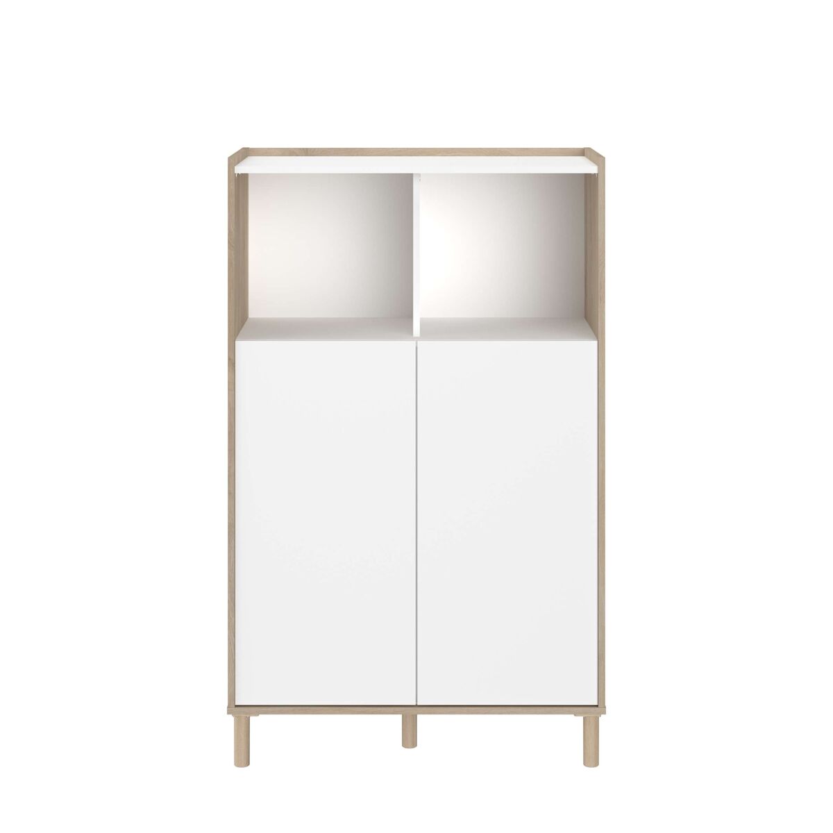 Aparador azzaro de salón comedor estilo nórdico en color roble japonés y blanco con 2 puertas y 2 huecos abiertos 84x135x40 cm
