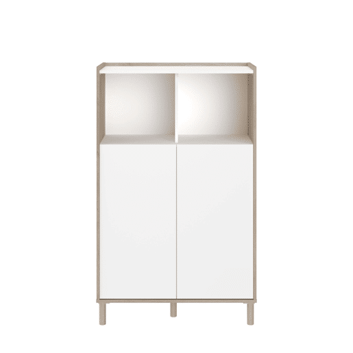 Aparador para sala de estar e jantar estilo nórdico Azzaro em carvalho japonês e branco com 2 portas e 2 espaços abertos 84x135x40 cm