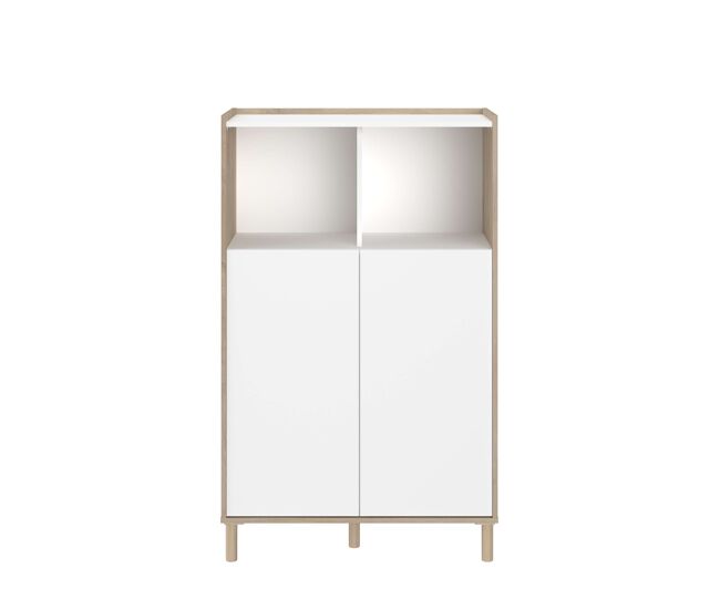 Aparador azzaro de salón comedor estilo nórdico en color roble japonés y blanco con 2 puertas y 2 huecos abiertos 84x135x40 cm