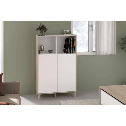 Aparador para sala de estar e jantar estilo nórdico Azzaro em carvalho japonês e branco com 2 portas e 2 espaços abertos 84x135x40 cm