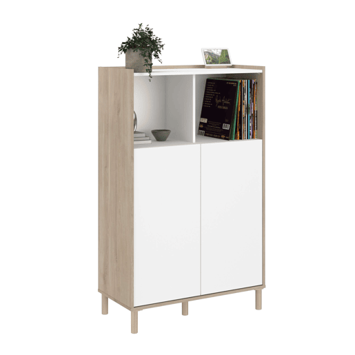Aparador para sala de estar e jantar estilo nórdico Azzaro em carvalho japonês e branco com 2 portas e 2 espaços abertos 84x135x40 cm