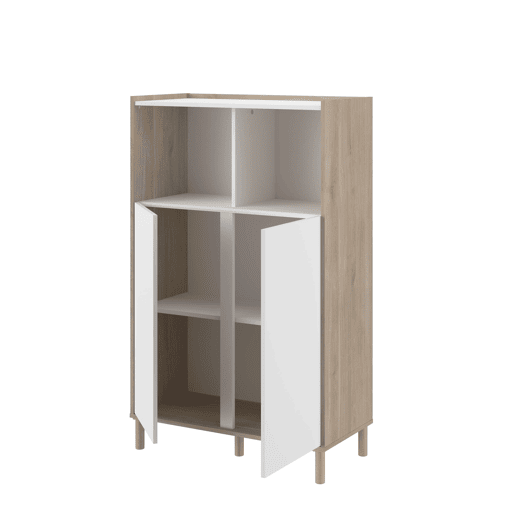 Aparador para sala de estar e jantar estilo nórdico Azzaro em carvalho japonês e branco com 2 portas e 2 espaços abertos 84x135x40 cm