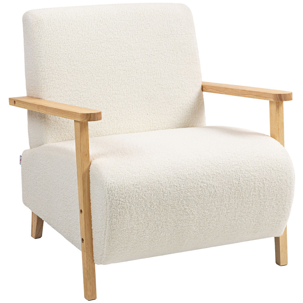Homcom sillón de salón tapizado en borreguito butaca de salón de 74,5 cm con acolchado grueso reposabrazos y patas de madera para dormitorio sala de estar crema