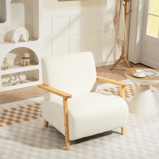 HOMCOM Poltrona Nórdica Poltrona Sala de Estar Estofada em Borrego com Apoio para os Braços de Madeira Acolchoado Espesso e Pés de Madeira para Dormitório 74,5x76x78 cm Creme