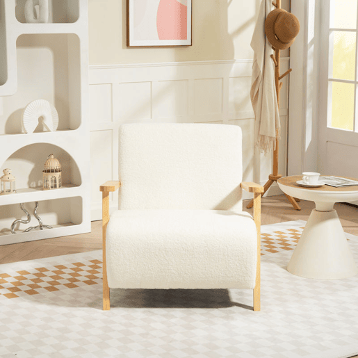 HOMCOM Poltrona Nórdica Poltrona Sala de Estar Estofada em Borrego com Apoio para os Braços de Madeira Acolchoado Espesso e Pés de Madeira para Dormitório 74,5x76x78 cm Creme