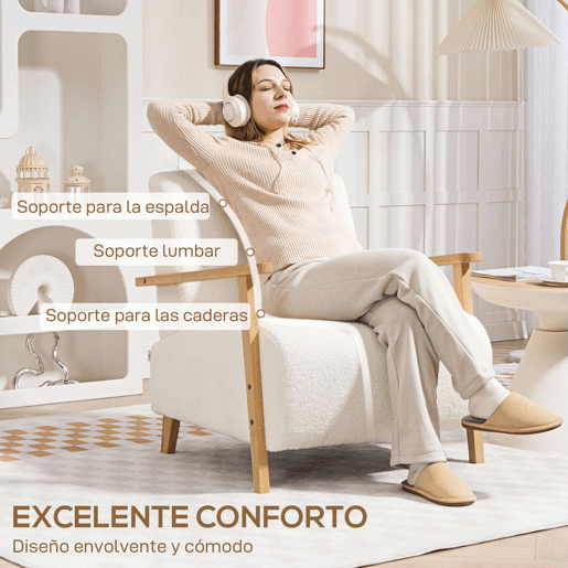 HOMCOM Poltrona Nórdica Poltrona Sala de Estar Estofada em Borrego com Apoio para os Braços de Madeira Acolchoado Espesso e Pés de Madeira para Dormitório 74,5x76x78 cm Creme
