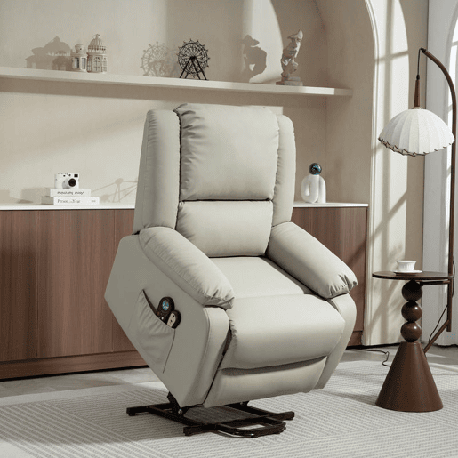 HOMCOM Poltrona Relax Levanta Pessoas Elétrica Poltrona com 8 Pontos de Massagem Poltrona Elétrica Reclinável com Função de Aquecimento 2 Controlos Remotos e Bolso Lateral Cinza Claro