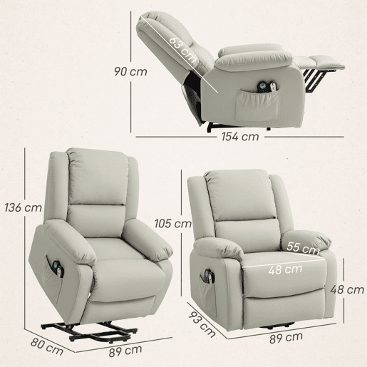HOMCOM Poltrona Relax Levanta Pessoas Elétrica Poltrona com 8 Pontos de Massagem Poltrona Elétrica Reclinável com Função de Aquecimento 2 Controlos Remotos e Bolso Lateral Cinza Claro