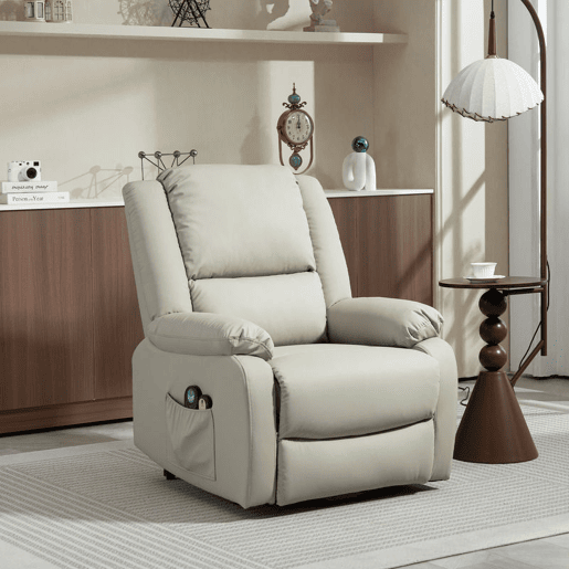 HOMCOM Poltrona Relax Levanta Pessoas Elétrica Poltrona com 8 Pontos de Massagem Poltrona Elétrica Reclinável com Função de Aquecimento 2 Controlos Remotos e Bolso Lateral Cinza Claro