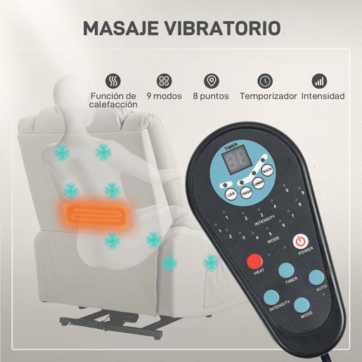 HOMCOM Poltrona Relax Levanta Pessoas Elétrica Poltrona com 8 Pontos de Massagem Poltrona Elétrica Reclinável com Função de Aquecimento 2 Controlos Remotos e Bolso Lateral Cinza Claro