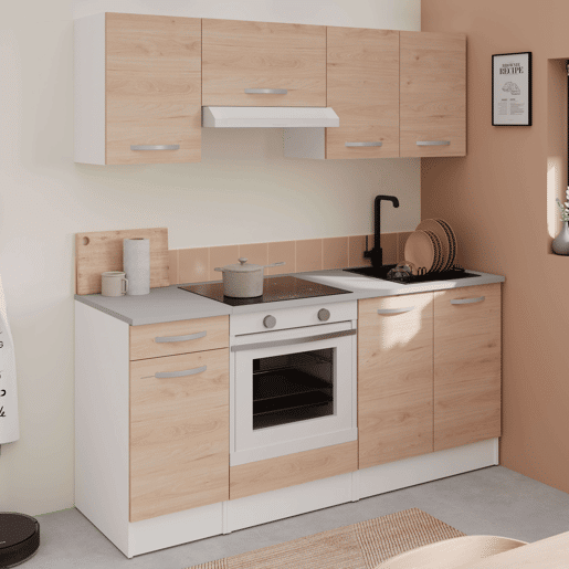Pacote de móveis de cozinha Eko Modern Style em branco fosco e carvalho Jackson com módulos de pia, coifa e forno