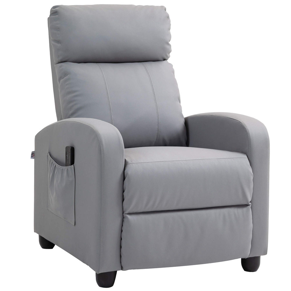 Homcom sillón de masaje sillón relax reclinable con mando a distancia 2 zonas de masaje 8 programas 5 niveles de intensidad 1 bolsillo lateral y temporizador tapizado en pu 68x88x98 cm gris claro