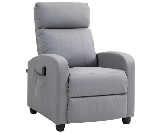 Homcom sillón de masaje sillón relax reclinable con mando a distancia 2 zonas de masaje 8 programas 5 niveles de intensidad 1 bolsillo lateral y temporizador tapizado en pu 68x88x98 cm gris claro
