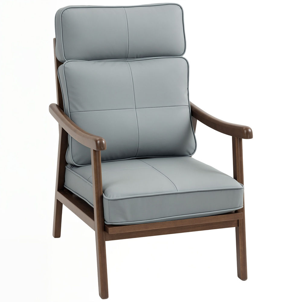 Homcom butaca de salón sillón de salón tapizado en pu con marco de madera cojines acolchados gruesos respaldo alto carga 150 kg sillón lectura para sala de estar dormitorio gris y madera nogal