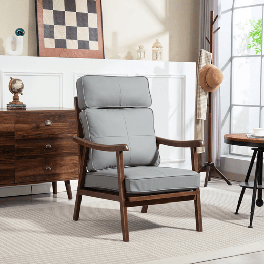 HOMCOM Poltrona de Sala de Estar Poltrona Estofada em PU com Estrutura de Madeira Almofadas Acolchoadas Espessas Poltrona de Leitura para Sala de Estar Quarto 63,5x83x105 cm Cinza e Madeira