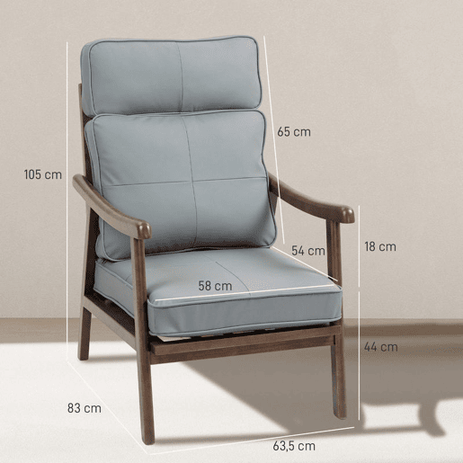 HOMCOM Poltrona de Sala de Estar Poltrona Estofada em PU com Estrutura de Madeira Almofadas Acolchoadas Espessas Poltrona de Leitura para Sala de Estar Quarto 63,5x83x105 cm Cinza e Madeira