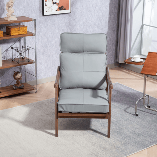 HOMCOM Poltrona de Sala de Estar Poltrona Estofada em PU com Estrutura de Madeira Almofadas Acolchoadas Espessas Poltrona de Leitura para Sala de Estar Quarto 63,5x83x105 cm Cinza e Madeira