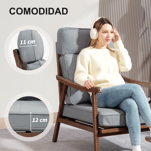 HOMCOM Poltrona de Sala de Estar Poltrona Estofada em PU com Estrutura de Madeira Almofadas Acolchoadas Espessas Poltrona de Leitura para Sala de Estar Quarto 63,5x83x105 cm Cinza e Madeira
