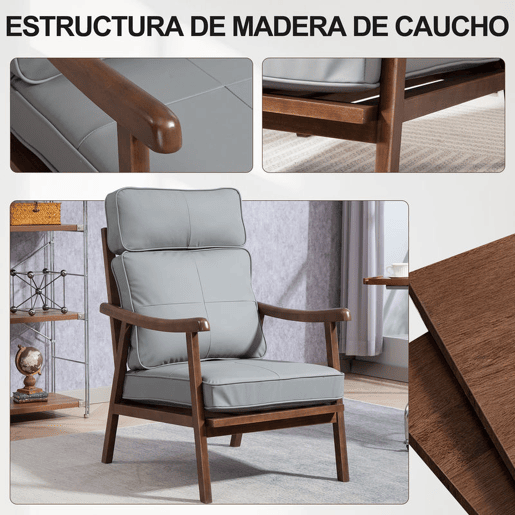 HOMCOM Poltrona de Sala de Estar Poltrona Estofada em PU com Estrutura de Madeira Almofadas Acolchoadas Espessas Poltrona de Leitura para Sala de Estar Quarto 63,5x83x105 cm Cinza e Madeira