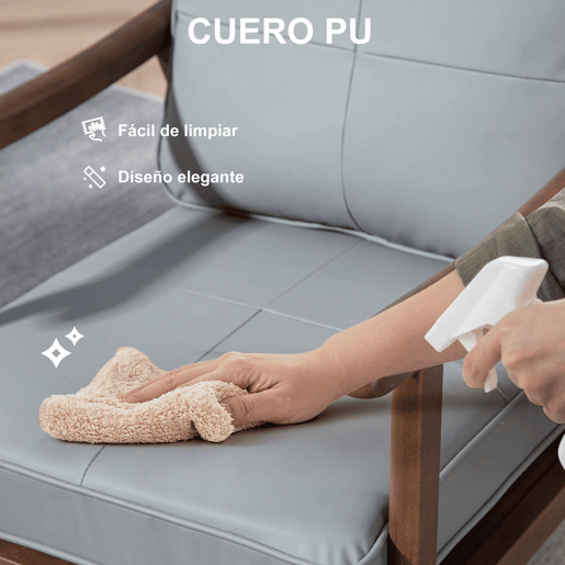 HOMCOM Poltrona de Sala de Estar Poltrona Estofada em PU com Estrutura de Madeira Almofadas Acolchoadas Espessas Poltrona de Leitura para Sala de Estar Quarto 63,5x83x105 cm Cinza e Madeira