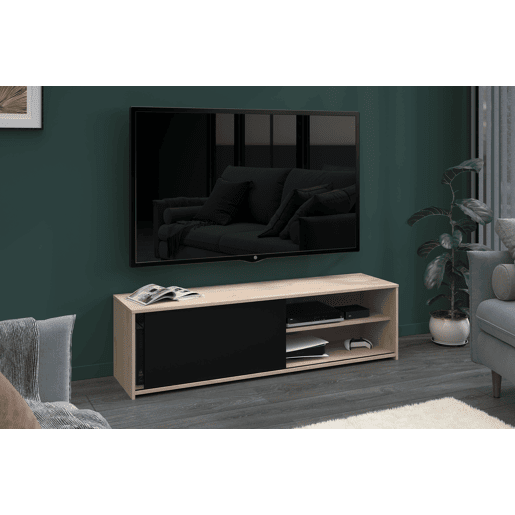 Móvel de TV Trevo de 155 cm em estilo industrial para sala de estar e jantar em carvalho Jackson e pontilhado preto com porta de correr