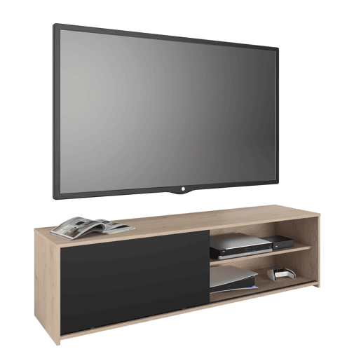 Móvel de TV Trevo de 155 cm em estilo industrial para sala de estar e jantar em carvalho Jackson e pontilhado preto com porta de correr