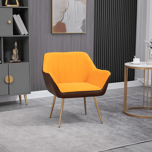 HOMCOM Poltrona de Sala de Estar Estofada em Couro Sintético e Veludo com Apoios para os Braços Pés Dourados e Estrutura de Aço Poltrona para Dormitório Carga 120 kg 64x62x72,5 cm Amarelo
