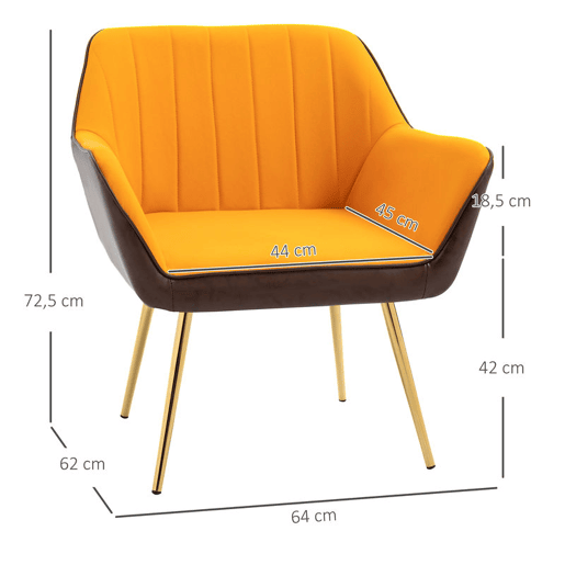 HOMCOM Poltrona de Sala de Estar Estofada em Couro Sintético e Veludo com Apoios para os Braços Pés Dourados e Estrutura de Aço Poltrona para Dormitório Carga 120 kg 64x62x72,5 cm Amarelo