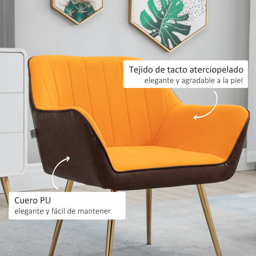 HOMCOM Poltrona de Sala de Estar Estofada em Couro Sintético e Veludo com Apoios para os Braços Pés Dourados e Estrutura de Aço Poltrona para Dormitório Carga 120 kg 64x62x72,5 cm Amarelo