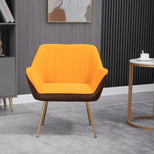 HOMCOM Poltrona de Sala de Estar Estofada em Couro Sintético e Veludo com Apoios para os Braços Pés Dourados e Estrutura de Aço Poltrona para Dormitório Carga 120 kg 64x62x72,5 cm Amarelo