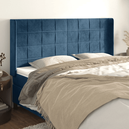 vidaXL Cabeceira cama c abas veludo 163x16x118128 cm azul-escuro