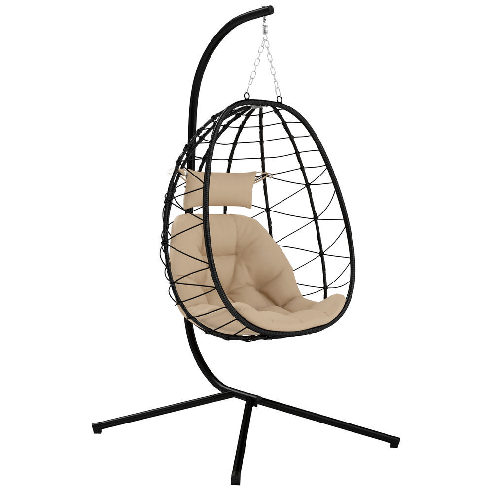 Outsunny silla colgante huevo con soporte columpio jardín exterior con cesta plegable cojín y reposacabezas columpio colgante para interior y exterior carga 120 kg caqui