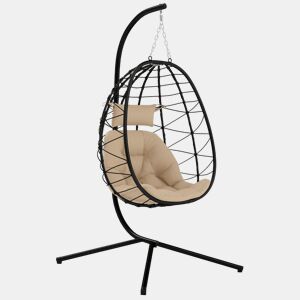 Outsunny Cadeira Suspensa com Suporte Baloiço Jardim com Cesto Dobrável Almofada e Apoio de Cabeça Baloiço Suspenso para Interior e Exterior Carga 120 kg 98x95x198 cm Caqui