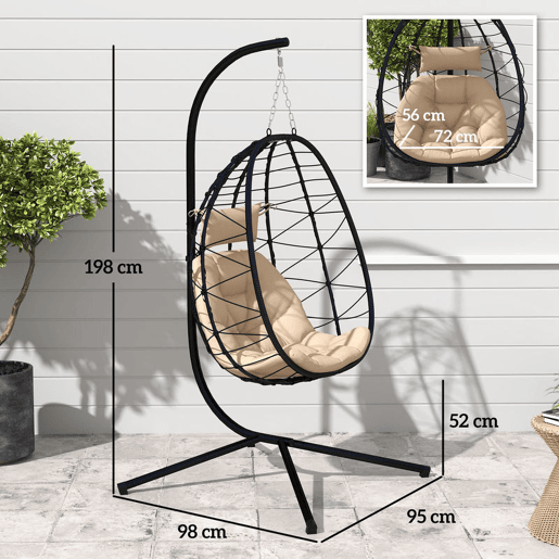 Outsunny Cadeira Suspensa com Suporte Baloiço Jardim com Cesto Dobrável Almofada e Apoio de Cabeça Baloiço Suspenso para Interior e Exterior Carga 120 kg 98x95x198 cm Caqui