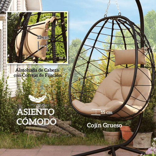 Outsunny Cadeira Suspensa com Suporte Baloiço Jardim com Cesto Dobrável Almofada e Apoio de Cabeça Baloiço Suspenso para Interior e Exterior Carga 120 kg 98x95x198 cm Caqui