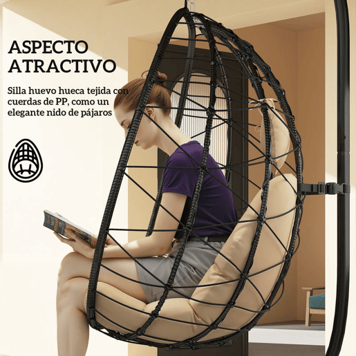 Outsunny Cadeira Suspensa com Suporte Baloiço Jardim com Cesto Dobrável Almofada e Apoio de Cabeça Baloiço Suspenso para Interior e Exterior Carga 120 kg 98x95x198 cm Caqui