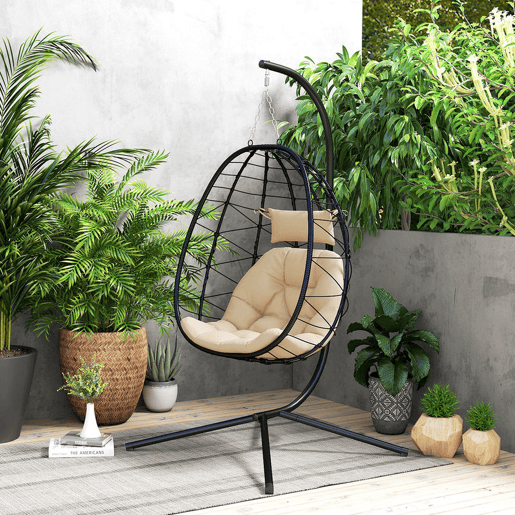 Outsunny Cadeira Suspensa com Suporte Baloiço Jardim com Cesto Dobrável Almofada e Apoio de Cabeça Baloiço Suspenso para Interior e Exterior Carga 120 kg 98x95x198 cm Caqui
