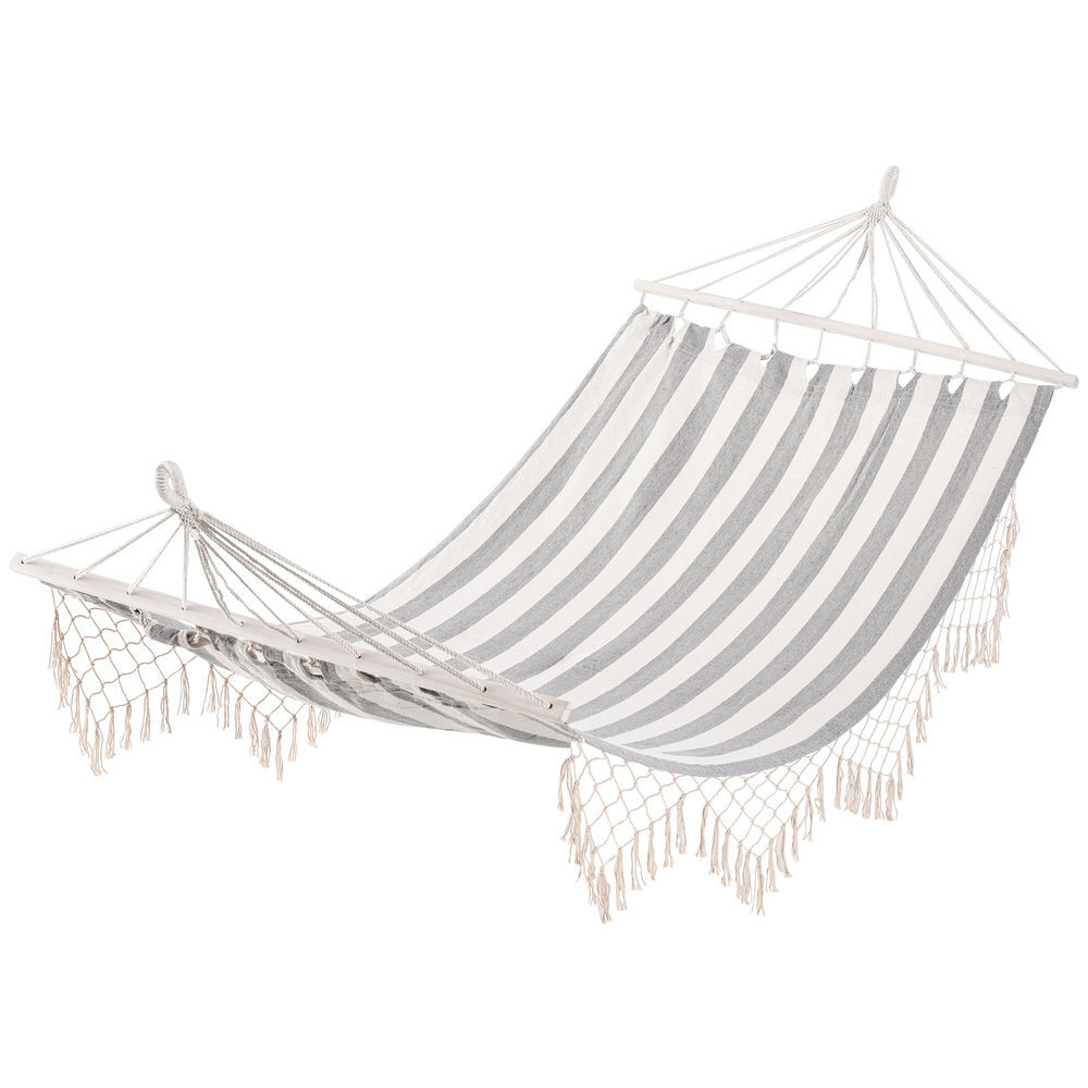 Outsunny hamaca de jardín 200x100 cm hamaca colgante con travesaños de madera carga 120 kg para patio terraza balcón camping gris y crema