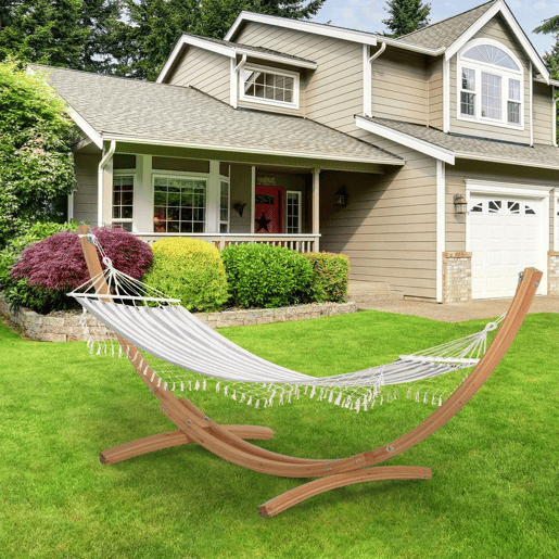 Outsunny Cama Rede de Jardim 200x100 cm Rede Suspensa com Travessas de Madeira Carga 120 kg para Pátio Terraço Varanda Campismo Creme e Cinza