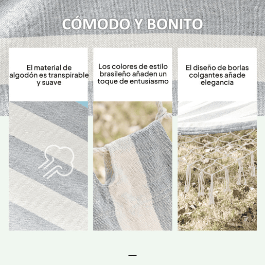 Outsunny Cama Rede de Jardim 200x100 cm Rede Suspensa com Travessas de Madeira Carga 120 kg para Pátio Terraço Varanda Campismo Creme e Cinza