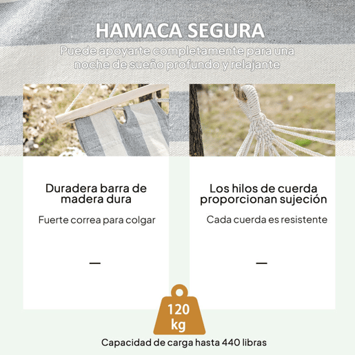Outsunny Cama Rede de Jardim 200x100 cm Rede Suspensa com Travessas de Madeira Carga 120 kg para Pátio Terraço Varanda Campismo Creme e Cinza