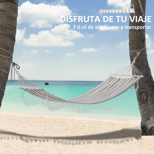 Outsunny Cama Rede de Jardim 200x100 cm Rede Suspensa com Travessas de Madeira Carga 120 kg para Pátio Terraço Varanda Campismo Creme e Cinza