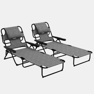 Outsunny Conjunto de 2 Espreguiçadeiras Dobráveis Espreguiçadeiras de Jardim com Encosto Ajustável em 4 Níveis Orifício para Leitura e Apoio de Cabeça para Terraço Piscina 194x72x31 cm Cinza