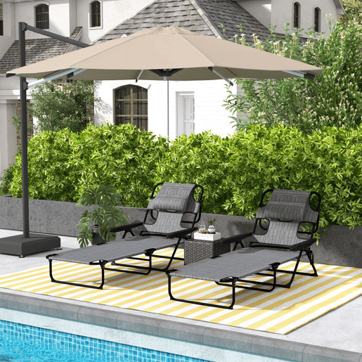 Outsunny Conjunto de 2 Espreguiçadeiras Dobráveis Espreguiçadeiras de Jardim com Encosto Ajustável em 4 Níveis Orifício para Leitura e Apoio de Cabeça para Terraço Piscina 194x72x31 cm Cinza