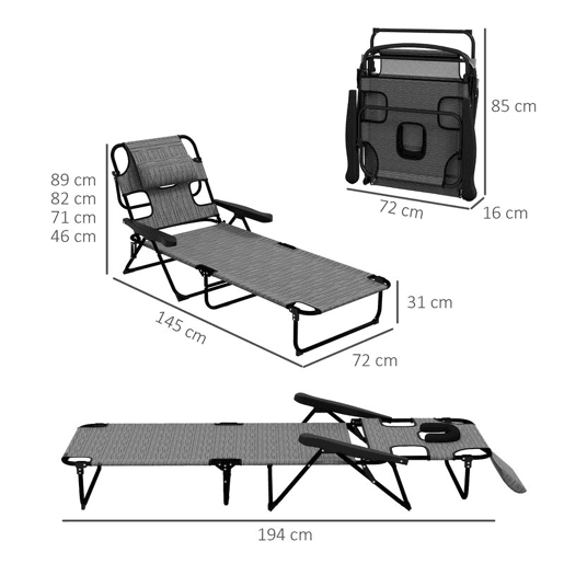 Outsunny Conjunto de 2 Espreguiçadeiras Dobráveis Espreguiçadeiras de Jardim com Encosto Ajustável em 4 Níveis Orifício para Leitura e Apoio de Cabeça para Terraço Piscina 194x72x31 cm Cinza