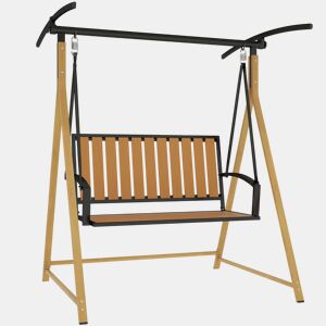 Outsunny Baloiço de Jardim de 2 Lugares Baloiço de Exterior com Toldo Ajustável e Estrutura de Metal Carga 240 kg 142x112x162 cm Madeira e Creme