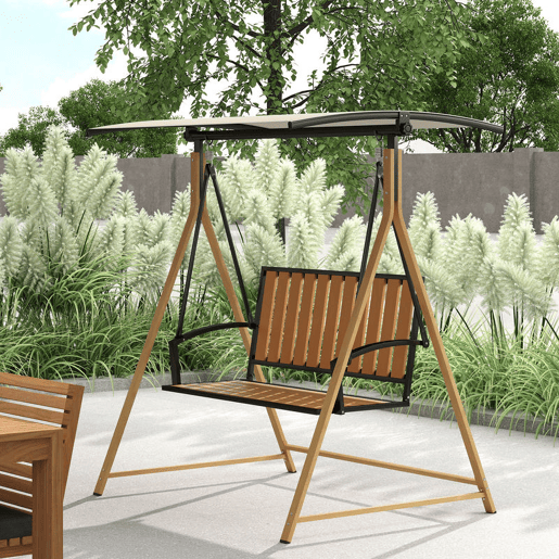 Outsunny Baloiço de Jardim de 2 Lugares Baloiço de Exterior com Toldo Ajustável e Estrutura de Metal Carga 240 kg 142x112x162 cm Madeira e Creme