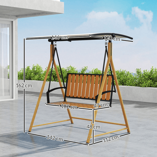 Outsunny Baloiço de Jardim de 2 Lugares Baloiço de Exterior com Toldo Ajustável e Estrutura de Metal Carga 240 kg 142x112x162 cm Madeira e Creme