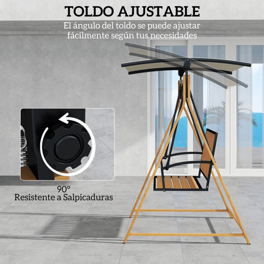 Outsunny Baloiço de Jardim de 2 Lugares Baloiço de Exterior com Toldo Ajustável e Estrutura de Metal Carga 240 kg 142x112x162 cm Madeira e Creme